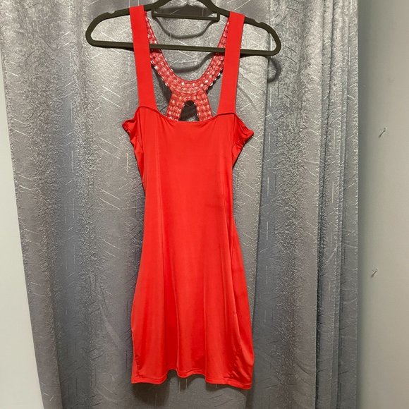 CRISTINA Tangerine Bright Orange Bodycon Wrap Mini Dress w Rhinestones - Sz M - Picture 5 of 9